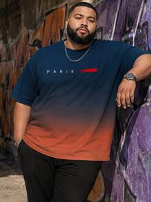 Plus Size Men's "PARIS" Gradient Print T-Shirt - Polyester Knit Fabric, Round Neck, Casual Fit, Creative Graphic Design - Multicolor - View 1