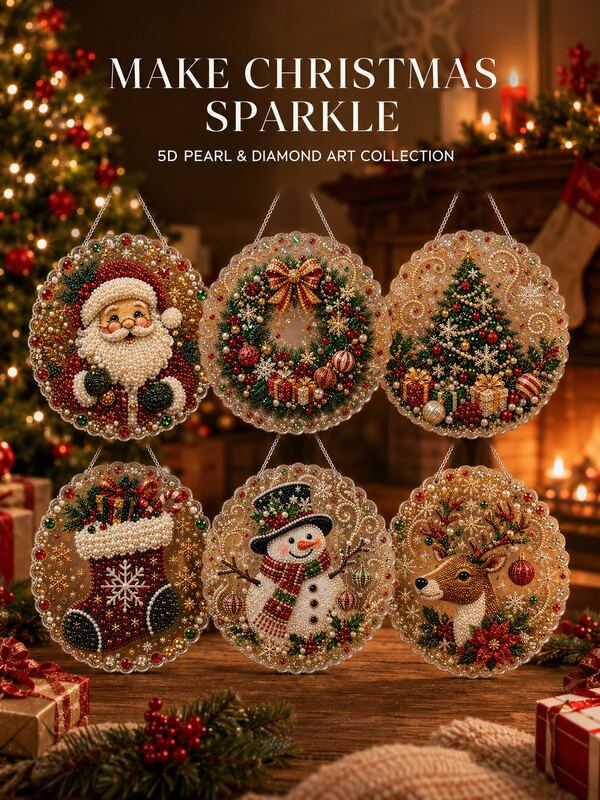 1 pieza Kit de pintura de diamantes de perlas navideñas de 8 pulgadas con 6 piezas #E, manualidad DIY 3D de perlas de tamaño mixto para adultos y principiantes con cadena de metal preensamblada, tablero acrílico redondo con borde de encaje, adorno colgante para ventana y pared, regalo de decoración navideña para el hogar