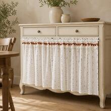 1pc Multi-Color Candy Bean Faux Linen Curtain, American Country Pastoral Style Half Curtain, Decorated With Wavy Lace And Pom Poms, With Rod Pocket, Suitable For Sink Cabinet Short Window, Perfect For Kitchen, Cafe And Bedroom Decor - Multicolor - View 2