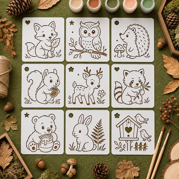 9 piezas de plantillas de pintura de animales del bosque, tableros de dibujo de garabatos cuadrados geométricos de PE blanco crema hueco, plantillas DIY de arte de pared para planificador con zorro, ciervo y conejo