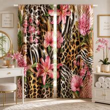 2 Panels Leopard Zebra Mixed Animal Print Window Curtains Rod Pocket Semi Transparent Light Filtering Privacy Drapes Pink Tropical Flower Palm Leaf Exotic Boho Glam Decor Washable Curtains For Bedroom Living Room - Multicolor - View 1