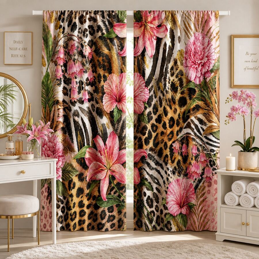 2 Panels Leopard Zebra Mixed Animal Print Window Curtains Rod Pocket Semi Transparent Light Filtering Privacy Drapes Pink Tropical Flower Palm Leaf Exotic Boho Glam Decor Washable Curtains For Bedroom Living Room - Multicolor - View 1