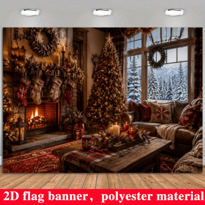 2D Flat Christmas Theme Party Banner Background, Cozy Fireplace And Christmas Tree Theme, Includes Christmas Stockings, Wreaths, Candles, Cedar Elements, Made Of Durable Polyester Material, No Power Required, Suitable For Indoor And Outdoor Christmas Theme Events, Can Be Used As Wall Decoration, Photo Backdrop, Suitable For Family Gatherings, Office Activities, Outdoor Parties, Studio Decor, Holiday Gift Giving, Lightweight And Easy To Hang