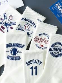 1/5/10 Pairs Men's Beige Baseball Letter Print Vertical Ribbed High Elastic Cuff Socks, Breathable Sweat-Absorbing Soft Non-Stuffy Mid-Calf Slouch Socks, American Retro Sports Style For Campus, Skateboard, Daily Casual Wear - Multicolor - View 2