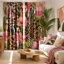 2 Panels Leopard Zebra Mixed Animal Print Window Curtains Rod Pocket Semi Transparent Light Filtering Privacy Drapes Pink Tropical Flower Palm Leaf Exotic Boho Glam Decor Washable Curtains For Bedroom Living Room - Multicolor - View 10