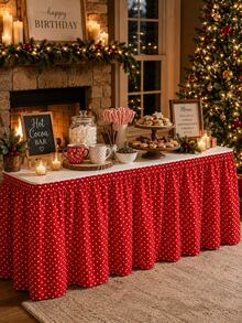 1pc Red White Polka Dot Table Skirt, Classic Festive Polyester Rectangular Ruffled Pleated Decorative Party Table Cover For Christmas, Birthday Party, Holiday Gathering, Dessert Buffet, Winter Celebration & Room Decor - Multicolor - View 9