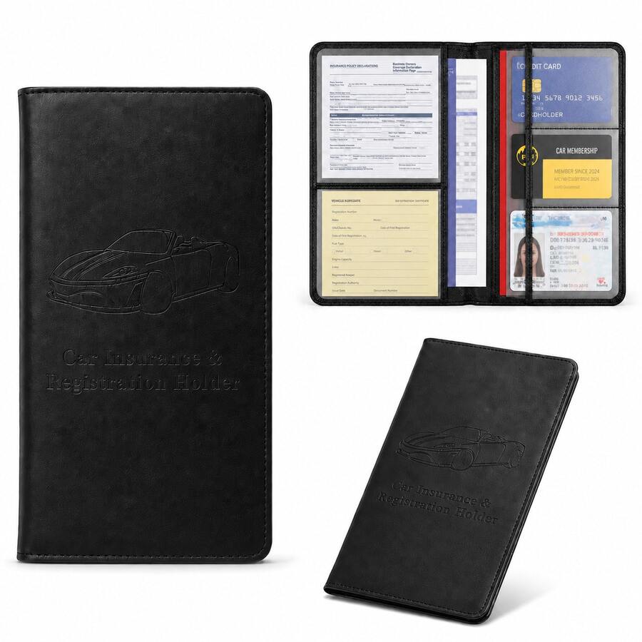 PU Leather Car Registration And Insurance Document Holder, Car Accessories, Car Registration And Insurance Card Holder, Travel Car Document Storage Box Glove Box Organizer Car Insurance Folder, Car Glove Box Organizer Car Miscellaneous Storage Box Organizer, Unisex (Black) - A - View 1