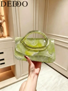 Dedoo 女款綠色大理石紋晚宴手拿包，長方形頂部手柄包，金色D型手柄，適合婚禮、派對、正式場合 - 綠色 - 查看 2