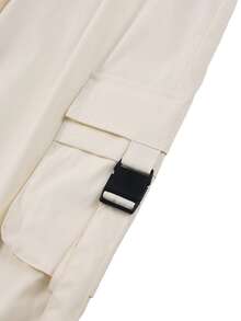 Men's American Style Beige Cargo Casual Pants With Side 3D Pockets, Ribbon Decor, Loose Fit, Slimming, Long Pants - Light Yellow - View 4