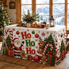 Christmas Table Skirt Polyester Tablecloth Cartoon Santa Claus Reindeer Candy Cane HO HO HO Print Gift Box And Christmas Tree Pattern Suitable For Holiday Party Family Dinner Classroom And Home Decor - A - View 4