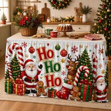 Christmas Table Skirt Polyester Tablecloth Cartoon Santa Claus Reindeer Candy Cane HO HO HO Print Gift Box And Christmas Tree Pattern Suitable For Holiday Party Family Dinner Classroom And Home Decor - A - View 6