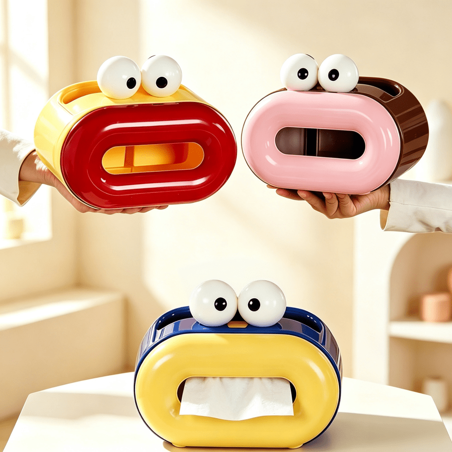 1pc Cute Big Eyes Tissue Box With Phone Holder, Multi-Functional Funny Frog Shaped Tissue Box With Small Storage Compartment, Color Block Cartoon Tissue Storage Box, Suitable For Bedroom, Desk, Living Room Home Decor