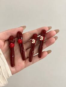 4入女款可愛小蘋果瀏海髮夾，紅色側扣髮夾 - 彩色 - 查看 2