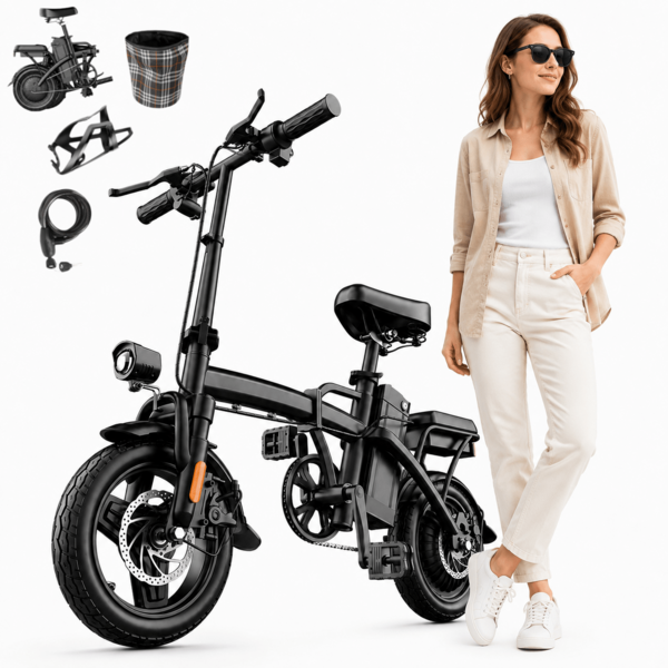 Bicicleta eléctrica plegable, motor de 500W 48V, neumáticos de 14 pulgadas, doble suspensión, 3 modos de conducción, adecuada para desplazamientos diarios