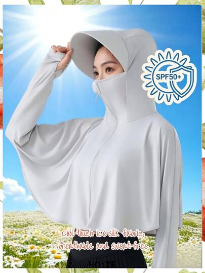 Women's UPF50+ Ice Silk Cool Touch Hooded Sun Protection Jacket, UV Protection Hooded Shirt, Breathable Neck And Face Protection Cape Coat, Suitable For Cycling, Driving And Outdoor Activities