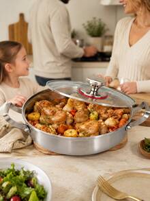 1pc Premium Stainless Steel Frying Pan With Glass Lid, Wide Double Handles Shallow Bottom Cooking Pot, Hammered Interior, Suitable For Seafood, Pasta, Stew, Frying Pan/Cookware, Kitchen Cooking Utensils, Induction Cooktop Compatible Cookware Set - View 2