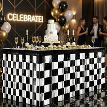 1pc Racing Black & White Checkered Tassel Table Skirt, Racing Flag Fringe Table Runner, Kids Birthday Party Table Decoration - Multicolor - View 7