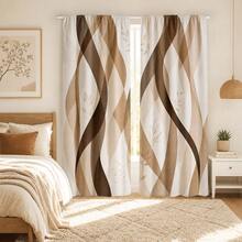 2pcs Brown Curved Striped Print Lightweight Semi-Sheer Curtains, 90GSM Semi-Sheer Privacy Protection, Rod Pocket Installation, Quick Dry Fade-Resistant, Lightweight Washable, Suitable For Home, Room, Kitchen Decor And Space Partition - Multicolor - View 8