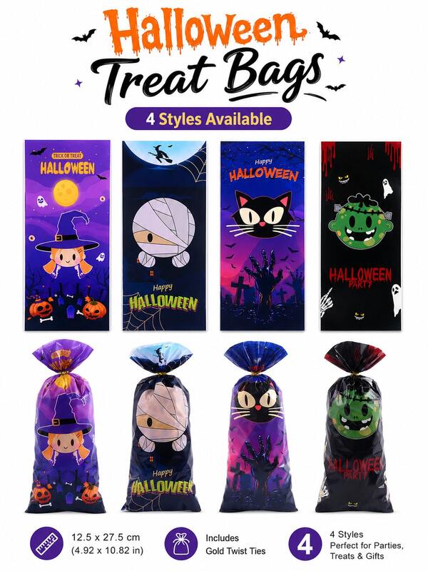 50 piezas Bolsas de caramelo OPP para Halloween, 4 estilos de bolsas de celofán transparente con patrones de bruja, momia, gato negro y monstruo, empaque de regalo espeluznante para fiesta de Halloween, adecuado para caramelos, galletas, palomitas de maíz, aperitivos, envolver regalos y suministros para truco o de Halloween, bolsas reutilizables