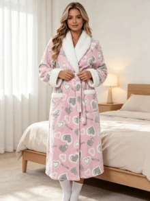 1pc Women's Autumn/Winter New Heart Print Robe, Lapel Trim Robe, Tie Waist Bathrobe, Pocket Home Robe, Contrast Color Lamb Fleece Collar Robe, Long Sleeve Long Robe, Grey Heart Robe, Pink Heart Robe, Soft Cotton Fleece Robe - Pink Heart Print Robe - View 2