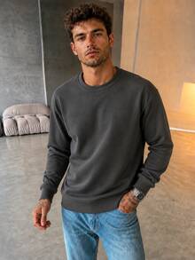 American Casual Solid Crew Neck Pullover Sweatshirt, Men No‑Print Basic Style Rib Cuff Loose Long‑Sleeve Top - Dark Grey - View 2