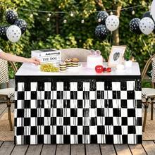 1pc Racing Black & White Checkered Tassel Table Skirt, Racing Flag Fringe Table Runner, Kids Birthday Party Table Decoration - Multicolor - View 3