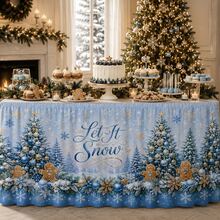 Elegant Winter Wonderland Christmas Table Skirt Let It Snow Print Polyester Tablecloth, Blue Snowflake Holiday Decor With Christmas Tree & Gingerbread Pattern, Luxury Christmas Dinner Party Home Restaurant Celebration Decoration - A - View 7