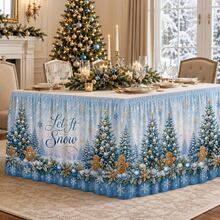 Elegant Winter Wonderland Christmas Table Skirt Let It Snow Print Polyester Tablecloth, Blue Snowflake Holiday Decor With Christmas Tree & Gingerbread Pattern, Luxury Christmas Dinner Party Home Restaurant Celebration Decoration - A - View 3