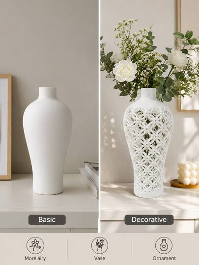 1PC Hollow Carved Decorative Vase, Elegant White Openwork Dried Flower Vase, Hollow Vase, Dried Flower Vase, Tabletop Decor, Floral Vase, Suitable For Living Room Shelf, Tabletop Centerpiece, Home Decor