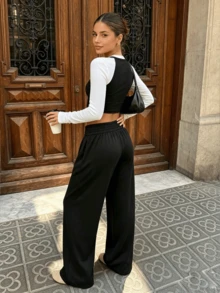 Women's High Waist Ruched Wide Leg Pants, Loose Flowy Casual Long Pants, Elastic Waist Palace Style Wide Leg Pants - Black - View 5