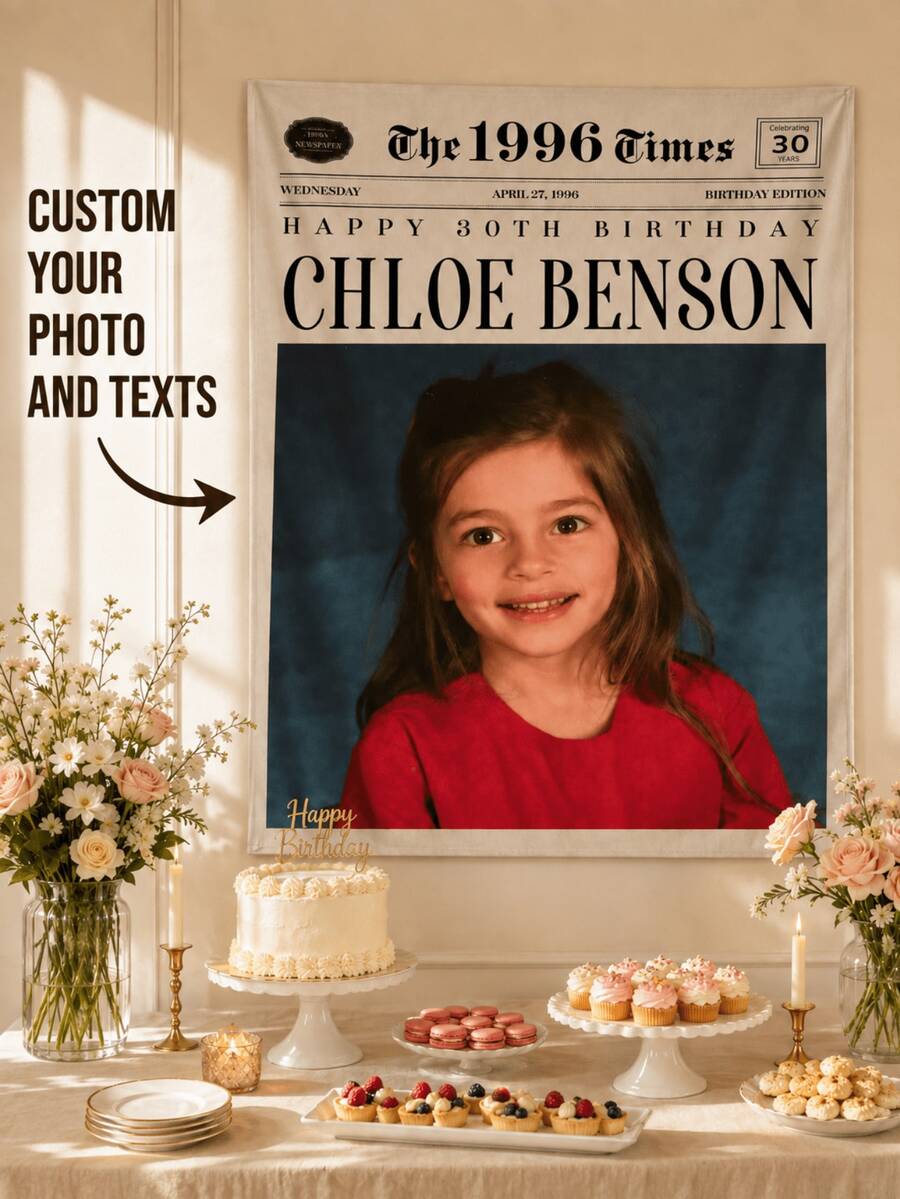 Customized Newspaper Photo Wall Hanging, Personalized Birthday Wall Decor, Vintage Newspaper Style Fabric Poster, Customized Name Photo And Date Banner, Vintage Party Backdrop, Unique Birthday Gift For Adults, Family And Friends