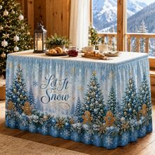 Elegant Winter Wonderland Christmas Table Skirt Let It Snow Print Polyester Tablecloth, Blue Snowflake Holiday Decor With Christmas Tree & Gingerbread Pattern, Luxury Christmas Dinner Party Home Restaurant Celebration Decoration - A - View 4