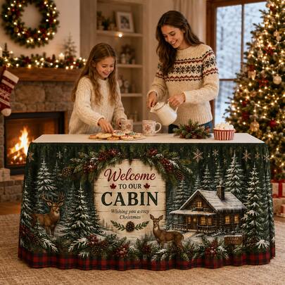 Welcome To Our Cabin Christmas Table Skirt, Rustic Woodland Polyester Table Cover With Deer Snowy Cabin Pine Forest Holly Berry Plaid 2D Print For Holiday Party Winter Home Decor