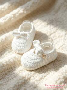 1 Pair Hand Knit Crochet Infant Booties With Bow, Handmade Knitted Infant Prewalker Indoor Floor Socks - White - View 1
