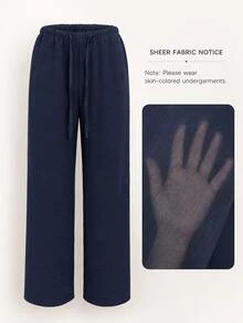 Women's Loose Fit Drawstring Waist Wide Leg Pants, Lightweight Breathable Casual Trousers, Navy Blue, Summer, Vacationcore, Resort Wear - Deep Blue - View 6