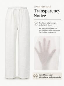 Women's White Wide Leg Pants, Elastic Waist Drawstring, Loose Relaxed Fit, Lightweight Breathable Casual Trousers, Summer Spring, Beach - Off-white - View 2
