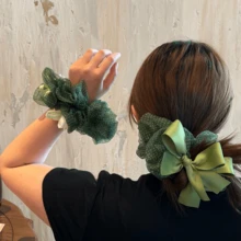 1PC Women's Double Layer Mesh Floral Scrunchie, Satin Bow Patchwork Design, Suitable For Thick Long Hair, Gentle French Coquette Sweet Style, Can Be Used For Daily Hair Styling, Commuting, Dating Afternoon Tea, Outdoor Travel Photography, Creating A Fairy-Like Atmosphere Hair Accessory - Multicolor - View 5