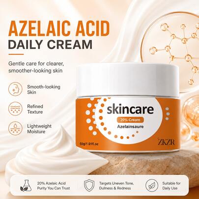 Zkzr 20% Azelainsaure Facial Cream, Controls Oil, Reduces Spots, Soothes Red And Swollen Skin, Even Out Skin Tone And Improve Dullness. It Absorbs Quickly And Is Non-Greasy. Suitable For All Skin Types, Suitable For Both Men And Women. 50g.