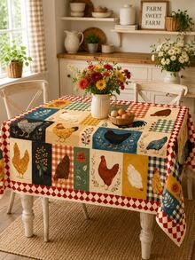 1pc Farmhouse Chicken Rooster Tablecloth, Vintage Rustic Patchwork Table Cover With Sunflower Floral Buffalo Plaid Pattern, Polyester Dining Table Cloth For Kitchen Dining Room Home Decor Fall Harvest Party - E - View 3