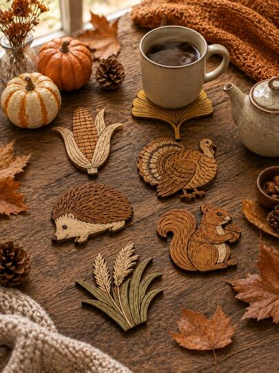 6pcs Thanksgiving Fall Wooden Coasters, Rustic Turkey Squirrel Hedgehog Corn Wheat Leaf Shaped Cup Mats, Woodland Harvest Table Protectors For Thanksgiving Dinner, Fall Decor, Kitchen Decor, Dining Room & Home Decor