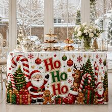 Christmas Table Skirt Polyester Tablecloth Cartoon Santa Claus Reindeer Candy Cane HO HO HO Print Gift Box And Christmas Tree Pattern Suitable For Holiday Party Family Dinner Classroom And Home Decor - A - View 5