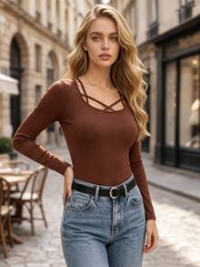 Women's Ribbed Knit Long Sleeve Top, Criss-Cross Square Neck Slim Fit, Suitable For Autumn Wear - Coffee Brown - View 8