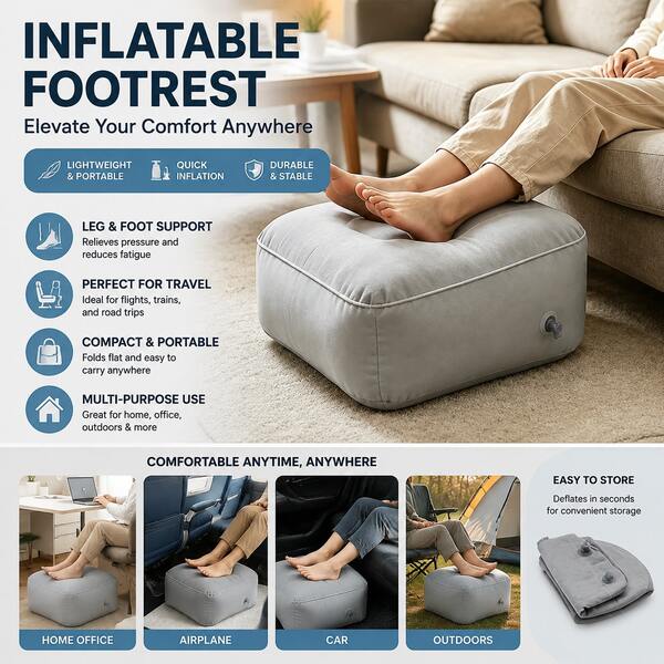 Reposapiés inflable para el hogar, almohada de soporte portátil para las piernas, reposapiés de clase económica, adecuado para escritorio de oficina en casa, uso al aire libre y en coche - Gris