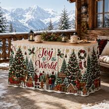 Christmas Tree Farm Table Skirt, Classic Christmas Polyester Tablecloth Skirt With Santa Claus, Reindeer, Gingerbread Man, Holiday Village, Gift Box And Snowflake Patterns, Warm Christmas Party Family Dinner Home Decor - A - View 3