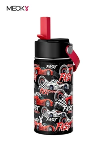 Meoky 12oz Sports Water Bottle, Single-Opening Hard Straw With Handle, Cartoon Print Portable Travel Cup, Suitable For Outdoor, Gym, School, Commute And Daily Use (Black & Red Racing Style) - Black and Red Racing - View 1