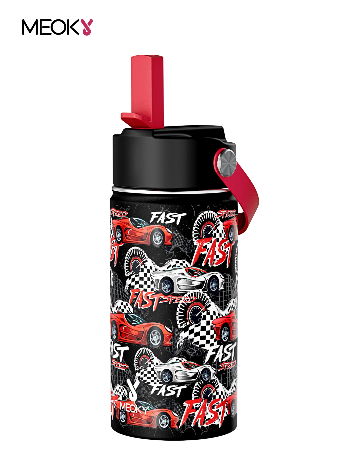 Meoky 12oz Sports Water Bottle, Single-Opening Hard Straw With Handle, Cartoon Print Portable Travel Cup, Suitable For Outdoor, Gym, School, Commute And Daily Use (Black & Red Racing Style) - Black and Red Racing - View 1