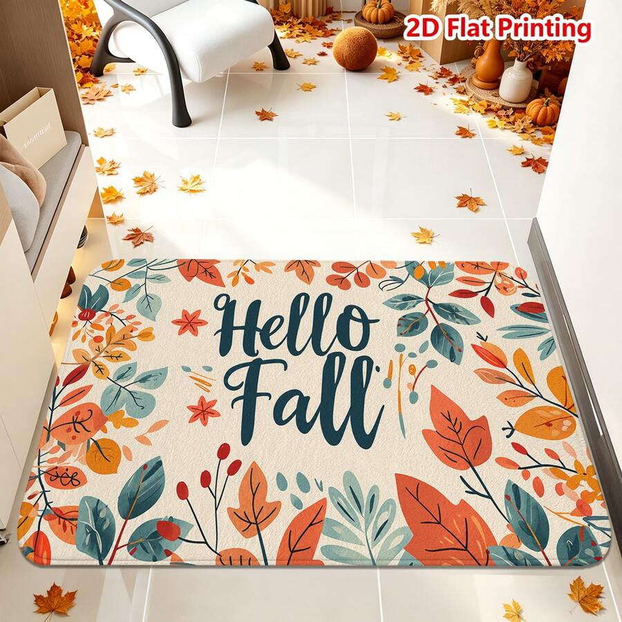 1/2件裝秋季門墊 Hello Fall 秋季主題法蘭絨門墊，舒適柔軟吸水防滑可機洗，多功能家居玄關地毯，適用廚房、浴室、走廊、客廳、臥室、陽台裝飾，感恩節秋季節日裝飾 - 彩色 - 查看 1