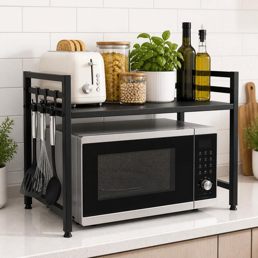 Ausziehbarer Mikrowellenständer Küchen Regal, 2-stufige Stahl Ablage, höhen- und längenverstellbar mit stabilen Füßen und 8 Haken, schwarz - Schwarz - Übersicht 1