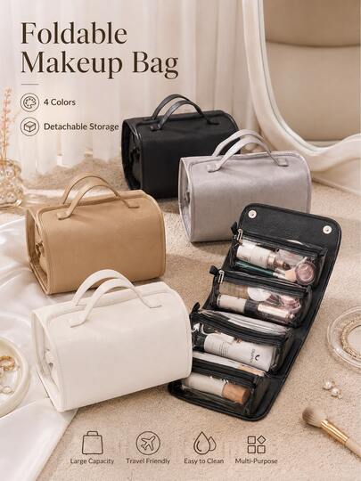 Bolsa de maquillaje plegable - Organizador de viaje 4 en 1 de gran capacidad para mujeres; Bolsa de aseo portátil de mano, adecuada para viajes, vacaciones y viajes de negocios