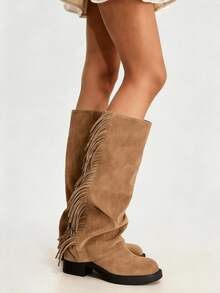 Women's Ruched Slouchy Mid Calf Boots Faux Suede Fringe Cowboy Western Fold Over Boots Chunky Heels Vintage Pleated Pull On Dress Wide Calf Boots - 棕色 - 查看 4